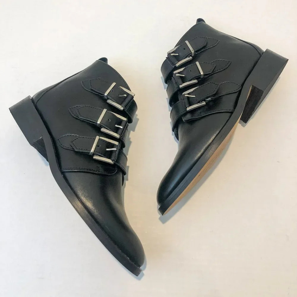 LITTLE BURGUNDY Black Leather Buckle Almond Toe Western Ankle Booties Women's 6 - Picture 9 of 9